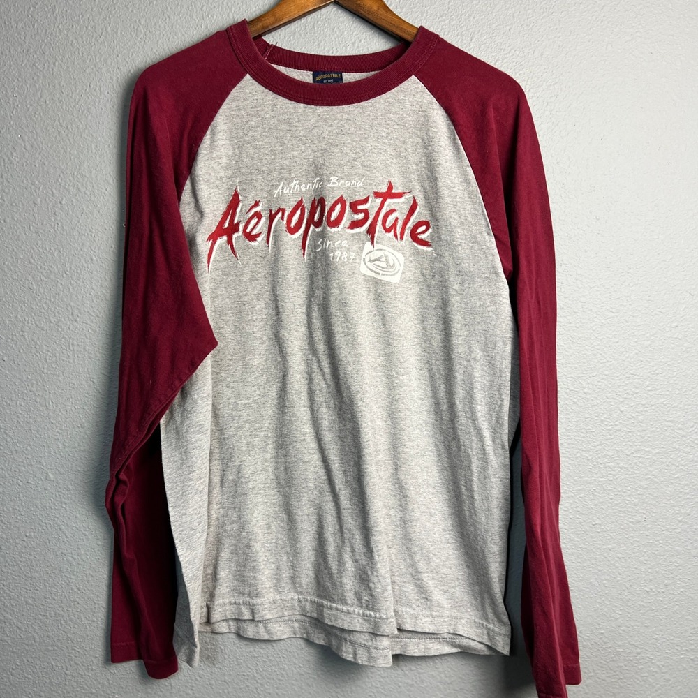 Aeropostale Raglan L/SL Y2K Grunge Skater Graphic T-Shirt Casual Gray Red Large